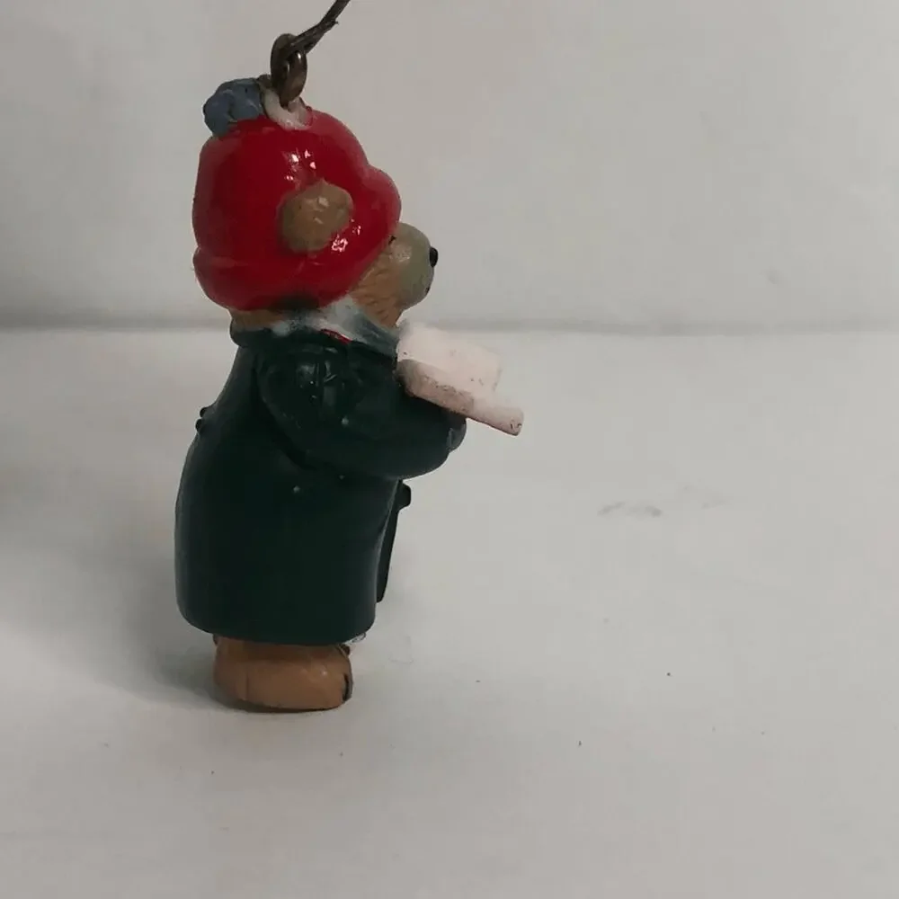 vintage miniature bear in hat caroling book ornament plastic 1.5 inches‎